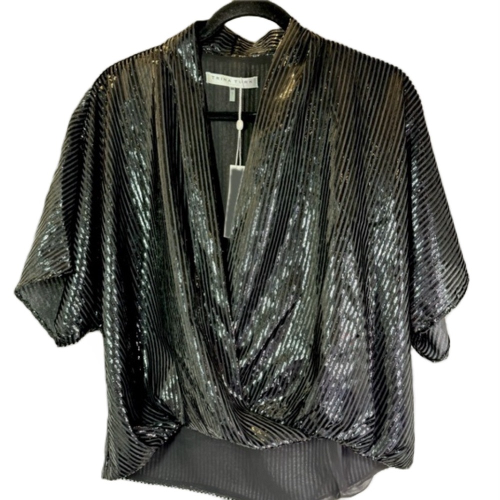 TRINA TURK Concourse Metallic V Neck Short Sleeve Top Black Striped Sz XS-S